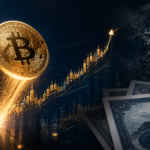 Χρυσό Bitcoin κινείται ανοδικά μπροστά από γράφημα, αμερικανικό δολάριο και ομόλογα