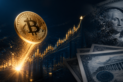 Χρυσό Bitcoin κινείται ανοδικά μπροστά από γράφημα, αμερικανικό δολάριο και ομόλογα