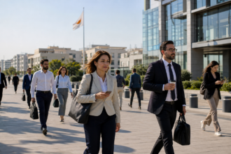 Εργαζόμενοι σε σύγχρονη επιχειρηματική περιοχή της Κύπρου με κυπριακή σημαία στο βάθος