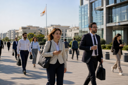 Εργαζόμενοι σε σύγχρονη επιχειρηματική περιοχή της Κύπρου με κυπριακή σημαία στο βάθος