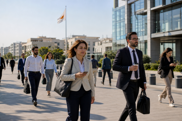 Εργαζόμενοι σε σύγχρονη επιχειρηματική περιοχή της Κύπρου με κυπριακή σημαία στο βάθος