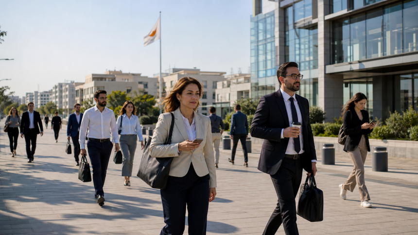 Εργαζόμενοι σε σύγχρονη επιχειρηματική περιοχή της Κύπρου με κυπριακή σημαία στο βάθος