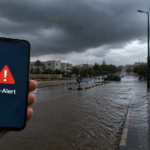 Κινητό τηλέφωνο με προειδοποίηση CY-Alert μπροστά από δρόμο που πλημμυρίζει υπό ισχυρή καταιγίδα