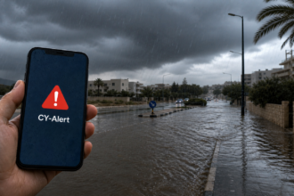 Κινητό τηλέφωνο με προειδοποίηση CY-Alert μπροστά από δρόμο που πλημμυρίζει υπό ισχυρή καταιγίδα