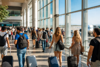 Πλήθος ταξιδιωτών σε σύγχρονο κυπριακό αεροδρόμιο κατά τη θερινή αιχμή