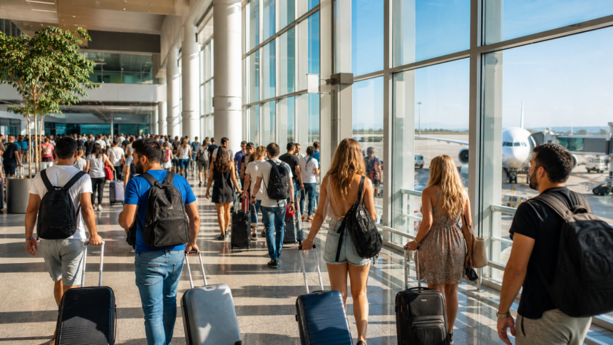 Πλήθος ταξιδιωτών σε σύγχρονο κυπριακό αεροδρόμιο κατά τη θερινή αιχμή