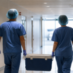 Ιατρική ομάδα μεταφέρει ειδικό ψυκτικό δοχείο μοσχεύματος σε νοσοκομείο, εικονογράφηση για δωρεά καρδιάς
