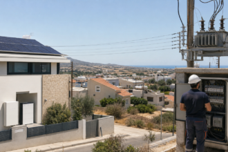 Κυπριακή γειτονιά με μία κατοικία που διαθέτει φωτοβολταϊκά και μπαταρία δίπλα σε ηλεκτρικό δίκτυο