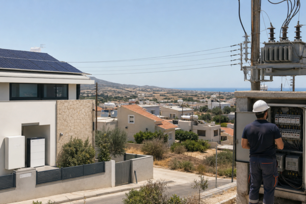 Κυπριακή γειτονιά με μία κατοικία που διαθέτει φωτοβολταϊκά και μπαταρία δίπλα σε ηλεκτρικό δίκτυο