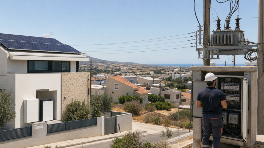 Κυπριακή γειτονιά με μία κατοικία που διαθέτει φωτοβολταϊκά και μπαταρία δίπλα σε ηλεκτρικό δίκτυο