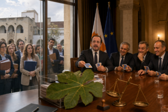 Σατιρική πολιτική σύνθεση με τον Νίκο Χριστοδουλίδη να μοιράζει κάρτες διορισμών ενώ προσοντούχοι πολίτες περιμένουν έξω με τα βιογραφικά τους