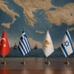 Σημαίες Τουρκίας, Ελλάδας, Κύπρου και Ισραήλ σε περιβάλλον ανατολικής Μεσογείου