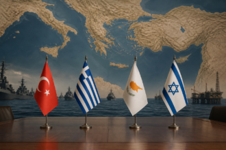 Σημαίες Τουρκίας, Ελλάδας, Κύπρου και Ισραήλ σε περιβάλλον ανατολικής Μεσογείου