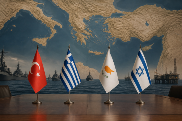 Σημαίες Τουρκίας, Ελλάδας, Κύπρου και Ισραήλ σε περιβάλλον ανατολικής Μεσογείου