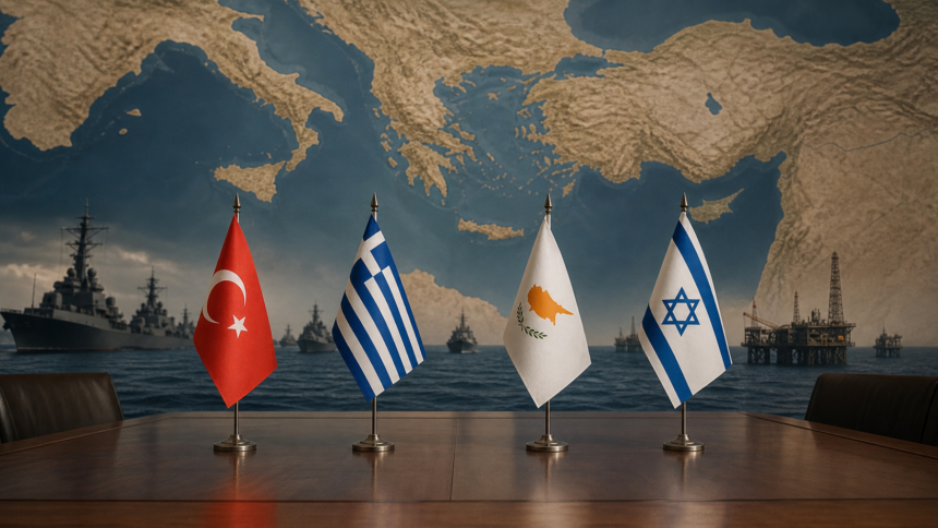 Σημαίες Τουρκίας, Ελλάδας, Κύπρου και Ισραήλ σε περιβάλλον ανατολικής Μεσογείου