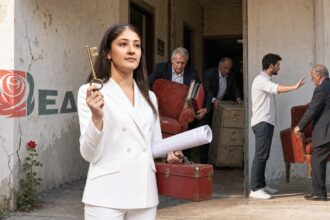 Σατιρική πολιτική εικονογράφηση με τη Σοφία Χριστοδούλου να κρατά το κλειδί και σχέδιο ανακαίνισης του κουρασμένου πολιτικού σπιτιού της ΕΔΕΚ