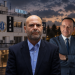 Πολιτική εικονογράφηση με τον Χρίστο Χρίστου και τον Γεάδη Γεάδη μπροστά από το οίκημα του ΕΛΑΜ και το Προεδρικό Μέγαρο στο βάθος