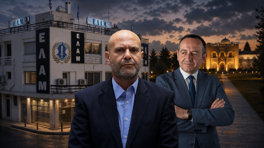Πολιτική εικονογράφηση με τον Χρίστο Χρίστου και τον Γεάδη Γεάδη μπροστά από το οίκημα του ΕΛΑΜ και το Προεδρικό Μέγαρο στο βάθος