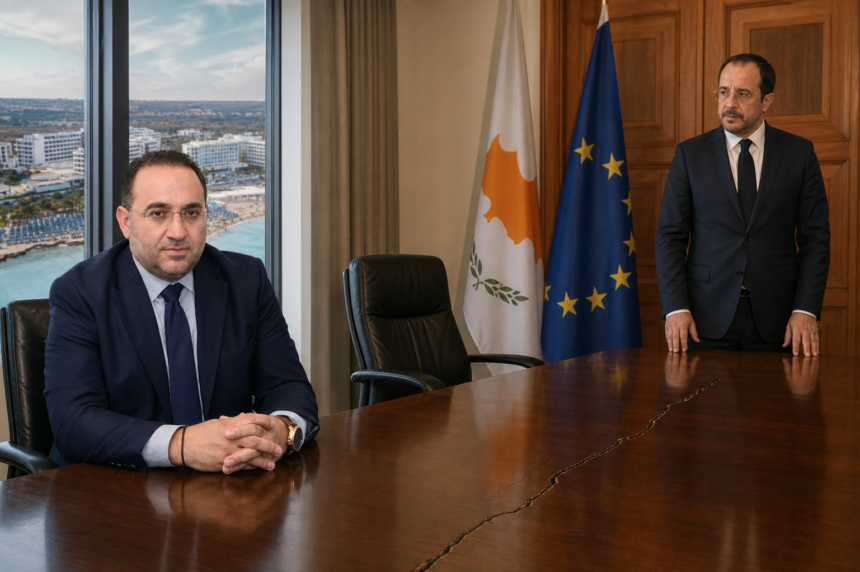Σατιρική πολιτική σύνθεση με τον Κώστα Κουμή και τον Νίκο Χριστοδουλίδη σε απόσταση, μια άδεια υπουργική καρέκλα και μια ρωγμή στο τραπέζι