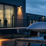 Πρωτότυπη εικονογράφηση drone έξω από γερμανική αμυντική εγκατάσταση με διακριτική παρουσία παρακολούθησης