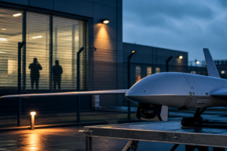 Πρωτότυπη εικονογράφηση drone έξω από γερμανική αμυντική εγκατάσταση με διακριτική παρουσία παρακολούθησης