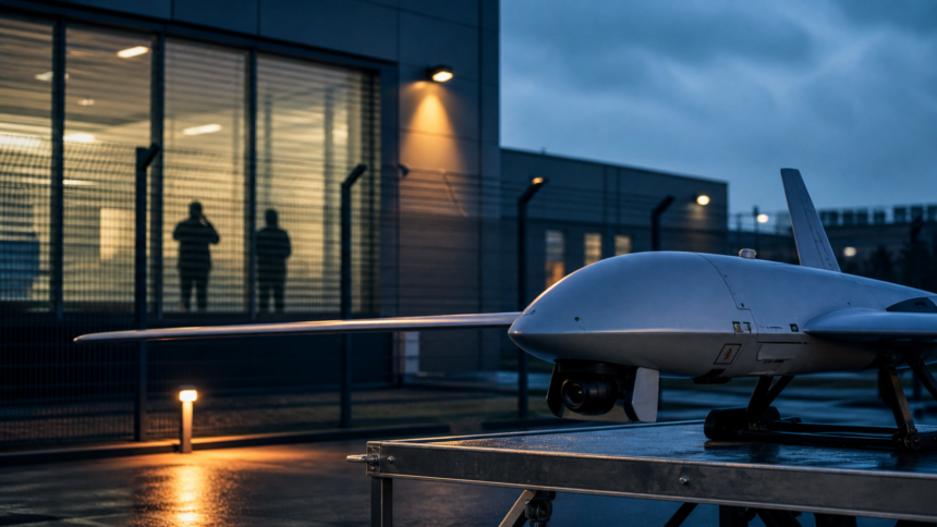 Πρωτότυπη εικονογράφηση drone έξω από γερμανική αμυντική εγκατάσταση με διακριτική παρουσία παρακολούθησης