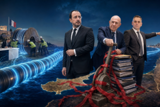 Σατιρική πολιτική εικονογράφηση για τον GSI με την Αθήνα να προωθεί το καλώδιο, τον Νίκο Χριστοδουλίδη αιφνιδιασμένο, τον Μάκη Κεραυνό στο χειρόφρενο και τον Νικόλα Παπαδόπουλο να δείχνει προς το Ισραήλ