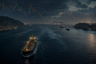 Δεξαμενόπλοιο διασχίζει τα Στενά του Ορμούζ με χρηματιστηριακά γραφήματα στο φόντο