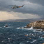 Ελικόπτερο και σωστικό σκάφος επιχειρούν σε θαλασσοταραχή κοντά στη βραχώδη ακτή του Κάβο Γκρέκο