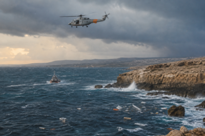 Ελικόπτερο και σωστικό σκάφος επιχειρούν σε θαλασσοταραχή κοντά στη βραχώδη ακτή του Κάβο Γκρέκο