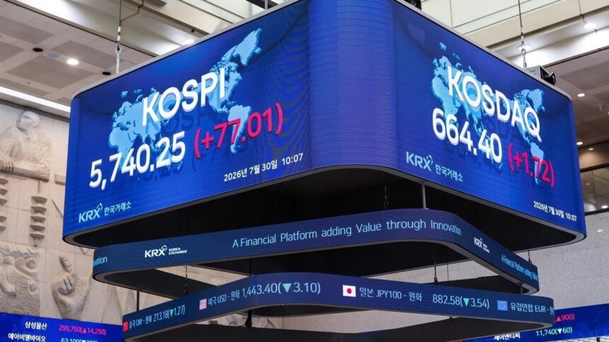 Ηλεκτρονικός πίνακας με τους δείκτες KOSPI και KOSDAQ στη Νότια Κορέα