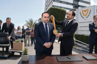 Σατιρική πολιτική εικονογράφηση με τον Νίκο Χριστοδουλίδη να απονέμει μετάλλιο στον Κώστα Κουμή ενώ συνεργάτες απομακρύνουν την υπουργική καρέκλα του