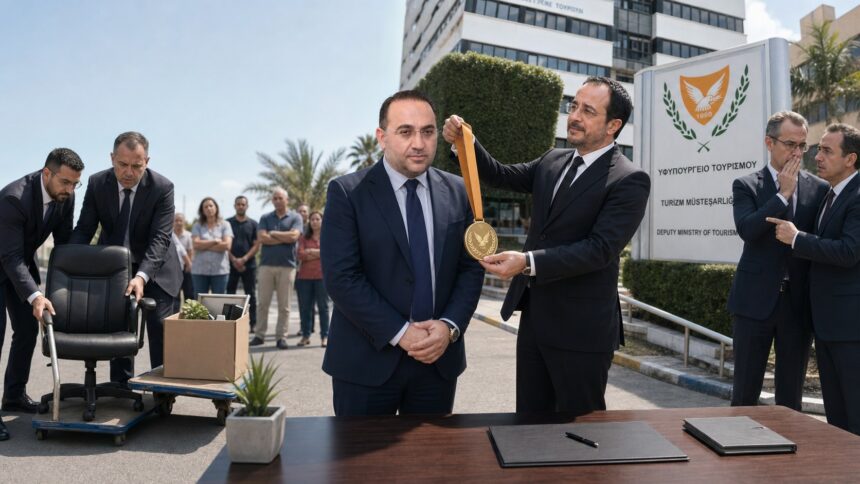 Σατιρική πολιτική εικονογράφηση με τον Νίκο Χριστοδουλίδη να απονέμει μετάλλιο στον Κώστα Κουμή ενώ συνεργάτες απομακρύνουν την υπουργική καρέκλα του