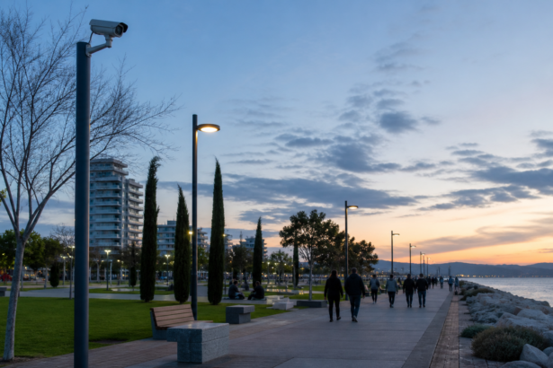 Διακριτική κάμερα ασφαλείας σε δημόσιο παραλιακό πάρκο της Λεμεσού με πεζούς στο βάθος
