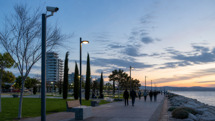 Διακριτική κάμερα ασφαλείας σε δημόσιο παραλιακό πάρκο της Λεμεσού με πεζούς στο βάθος