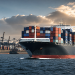 Μεγάλο πλοίο μεταφοράς containers προσεγγίζει πολυσύχναστο διεθνές λιμάνι