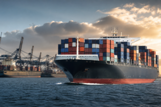 Μεγάλο πλοίο μεταφοράς containers προσεγγίζει πολυσύχναστο διεθνές λιμάνι