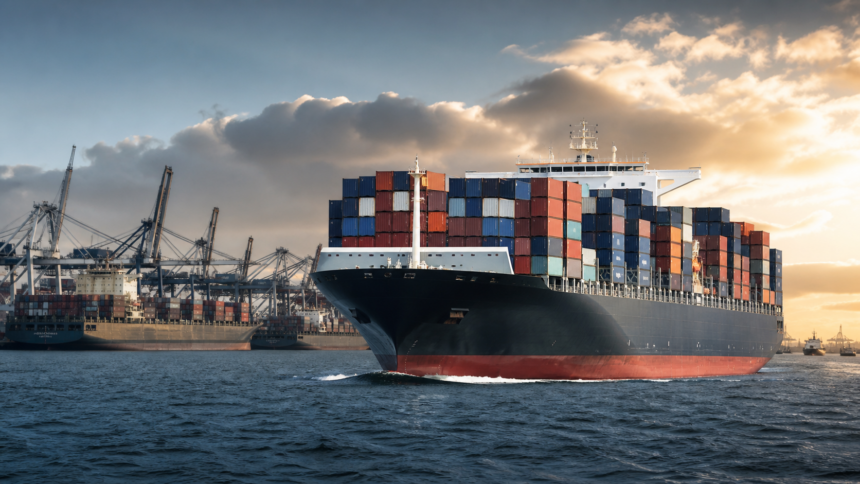 Μεγάλο πλοίο μεταφοράς containers προσεγγίζει πολυσύχναστο διεθνές λιμάνι