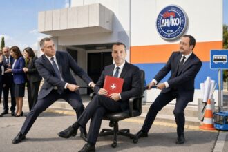 Σατιρική πολιτική εικονογράφηση έξω από τα γραφεία του ΔΗΚΟ, με τον Νεόφυτο Χαραλαμπίδη σε υπουργική καρέκλα, τον Νικόλα Παπαδόπουλο και τον Νίκο Χριστοδουλίδη να τον τραβούν προς αντίθετες κατευθύνσεις και βουλευτές να μουρμουρίζουν