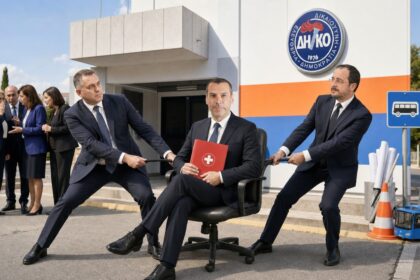 Σατιρική πολιτική εικονογράφηση έξω από τα γραφεία του ΔΗΚΟ, με τον Νεόφυτο Χαραλαμπίδη σε υπουργική καρέκλα, τον Νικόλα Παπαδόπουλο και τον Νίκο Χριστοδουλίδη να τον τραβούν προς αντίθετες κατευθύνσεις και βουλευτές να μουρμουρίζουν