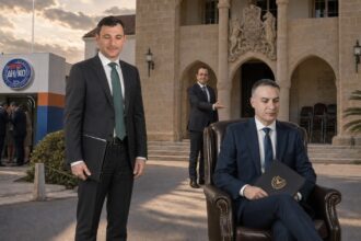 Σατιρική πολιτική εικονογράφηση με τον Χρίστο Σενέκκη καθισμένο στην υπουργική καρέκλα, τον Γιώργο Σολωμού όρθιο και μουρμουρητά έξω από τα γραφεία του ΔΗΚΟ