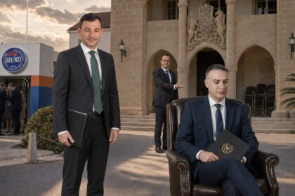 Σατιρική πολιτική εικονογράφηση με τον Χρίστο Σενέκκη καθισμένο στην υπουργική καρέκλα, τον Γιώργο Σολωμού όρθιο και μουρμουρητά έξω από τα γραφεία του ΔΗΚΟ