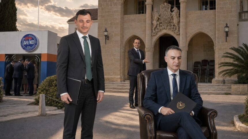 Σατιρική πολιτική εικονογράφηση με τον Χρίστο Σενέκκη καθισμένο στην υπουργική καρέκλα, τον Γιώργο Σολωμού όρθιο και μουρμουρητά έξω από τα γραφεία του ΔΗΚΟ