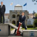 Πολιτική εικονογράφηση με τον Νεόφυτο Χαραλαμπίδη σε ψηλότερο βάθρο Υγείας, τον Νίκο Χριστοδουλίδη να δείχνει χαμηλότερο βάθρο Μεταφορών και τον Νικόλα Παπαδόπουλο να τραβά κόκκινο φρένο