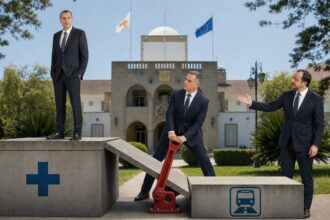 Πολιτική εικονογράφηση με τον Νεόφυτο Χαραλαμπίδη σε ψηλότερο βάθρο Υγείας, τον Νίκο Χριστοδουλίδη να δείχνει χαμηλότερο βάθρο Μεταφορών και τον Νικόλα Παπαδόπουλο να τραβά κόκκινο φρένο