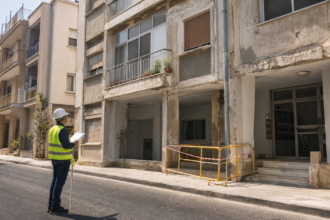Μηχανικός επιθεωρεί φθορές σε παλαιά πολυκατοικία της Λευκωσίας με περίφραξη ασφαλείας