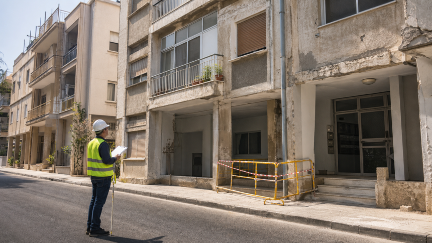 Μηχανικός επιθεωρεί φθορές σε παλαιά πολυκατοικία της Λευκωσίας με περίφραξη ασφαλείας