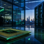 Γενικός επεξεργαστής AI μπροστά από data center και χρηματοοικονομική αίθουσα
