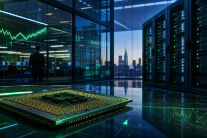 Γενικός επεξεργαστής AI μπροστά από data center και χρηματοοικονομική αίθουσα