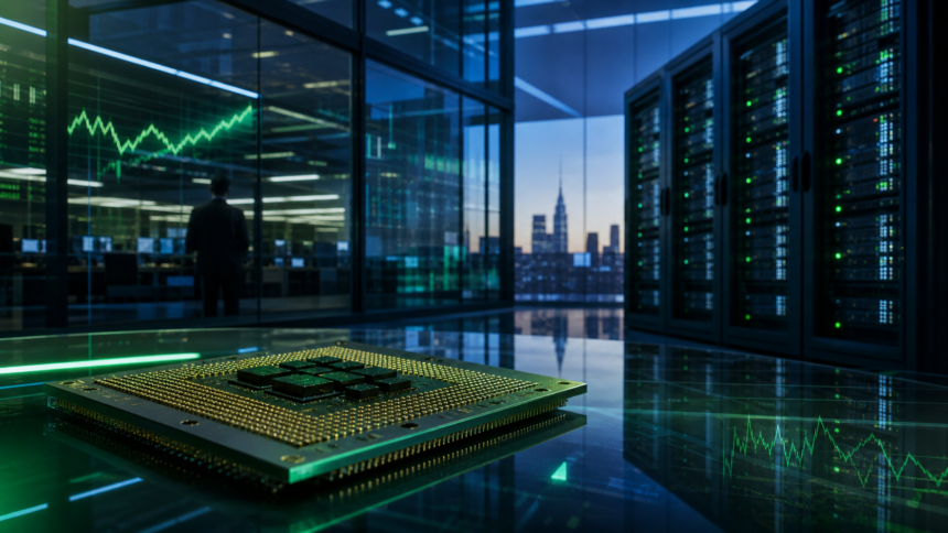 Γενικός επεξεργαστής AI μπροστά από data center και χρηματοοικονομική αίθουσα